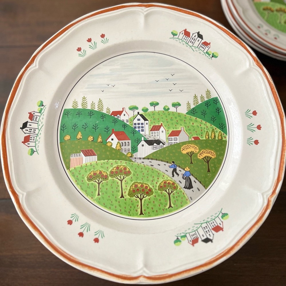 Newcor Stoneware Dinner Plate Country Village Pattern #627 Farmhouse Trees